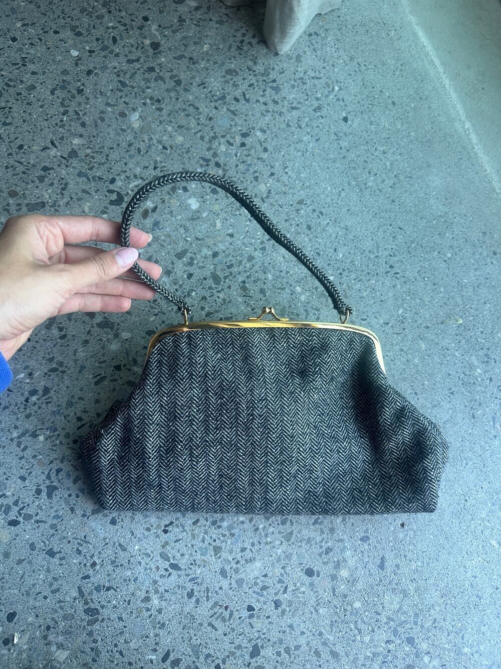 April Cornell Women's Handbag Grey Black Tweed Frame Bag Herringbone Purse